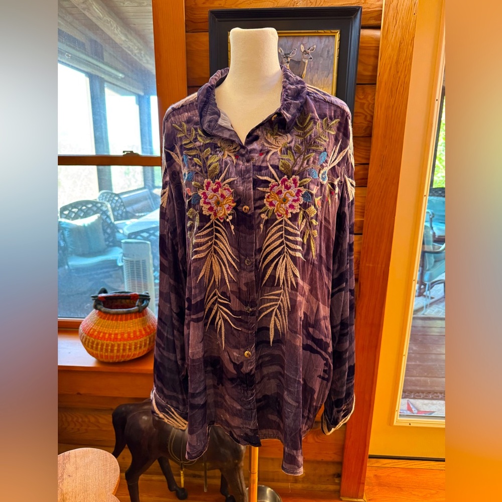 Johnny Was Velvet Button Down Embroidered Shirt